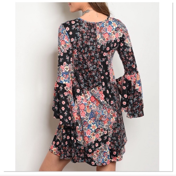 Pink and Black Floral Bell Sleeve Dress - Picture 3 of 3
